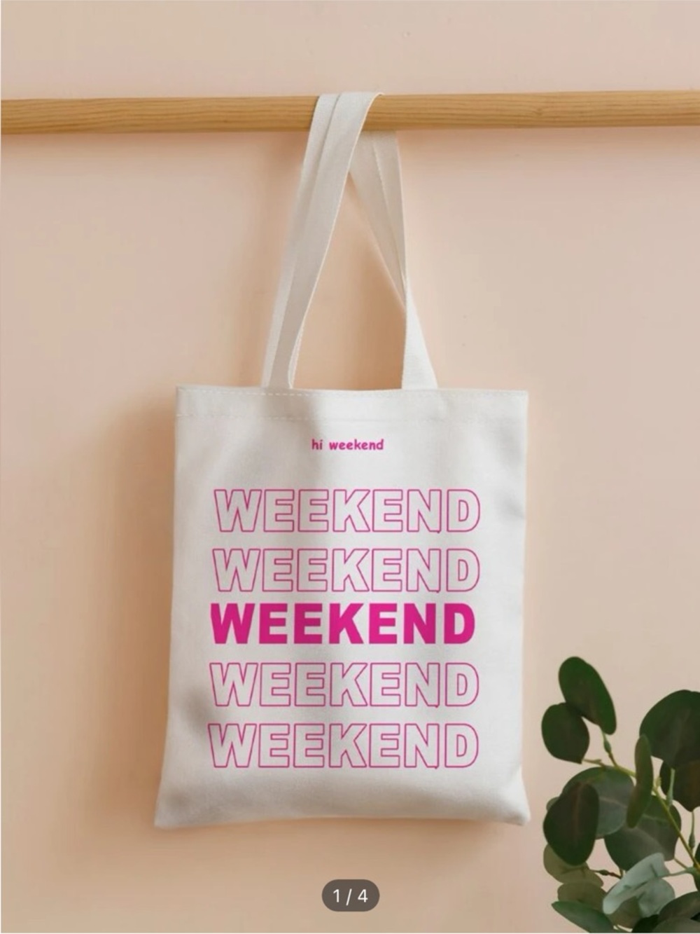 Weekend Graphic Shopper Tote Bag - White with Pink Lettering